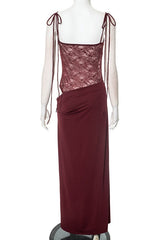 Straps Burgundy Sheer Tight Long Dress