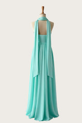 Blue Twist Empire Chiffon Long Dress with Scarf