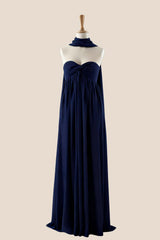 Blue Twist Empire Chiffon Long Dress with Scarf