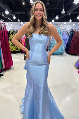 Strapless Red Satin Ruffles Train Mermaid Sleeveless Prom Dress