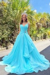 Gorgeous A Line V Neck Aqua Chiffon Long Prom Dress with Beading
