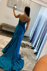Royal Blue Strapless Mermaid Long Prom Dresses with Appliques