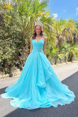 Gorgeous A Line V Neck Aqua Chiffon Long Prom Dress with Beading