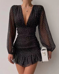Stylish V Neck Polka Dot Mini Dress