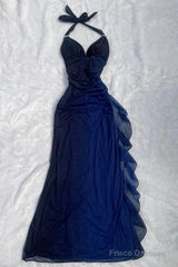 Halter Ombre Navy Blue Long Chiffon Prom Dress