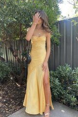 Cute Sweetheart Yellow Silk Satin Long Sheath Prom Dresses Party Dresses