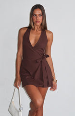 Office Hours Linen Mini Dress Chocolate