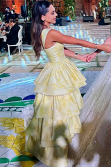 Yellow Printing A-Line Tiered Sleeveless Long Prom Formal Dress